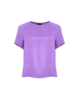Polera de seda manga corta Old Style en colores fuego de Sedas Nai Nai, con tonos rosa y lila, estilo vintage y moderno.