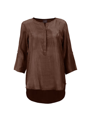 Blusón de seda con manga 3/4 en tonos tierra de Sedas Nai Nai, tunica corta de estilo elegante y cómodo en color café chocolate.