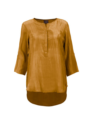 Blusón de seda con manga 3/4 en tonos tierra, tunica corta de la marca Sedas Nai Nai, en color camel.